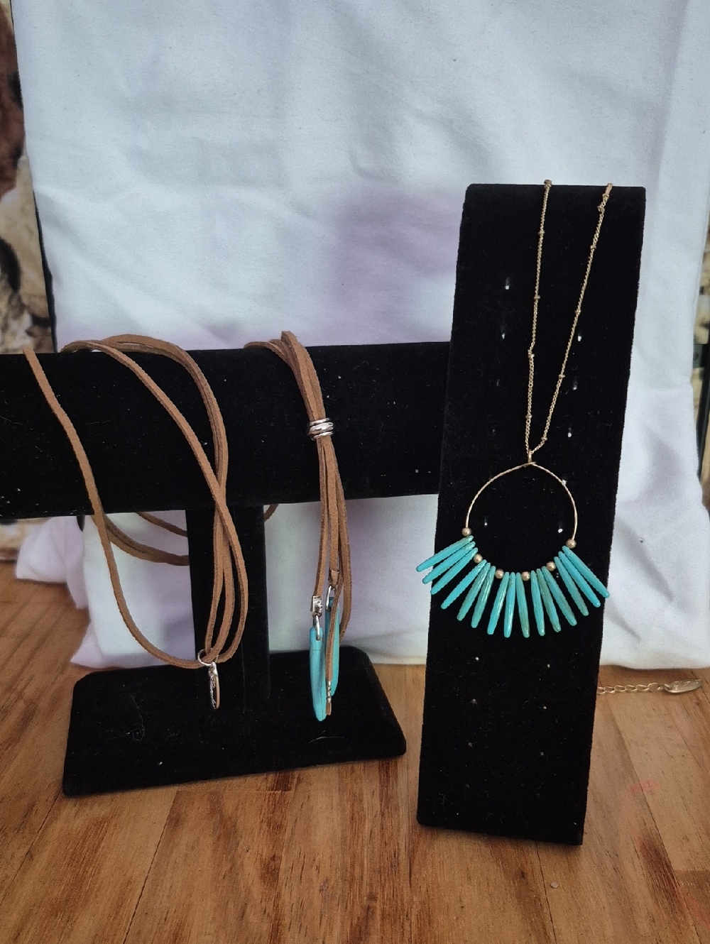 Gold Hoop Necklace with Turquoise Spike Pendant And Leather Necklace